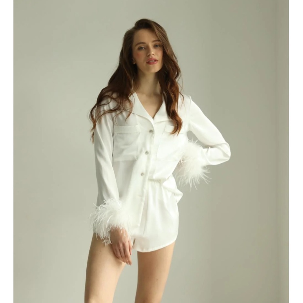 White Feather Trim Pajama Set